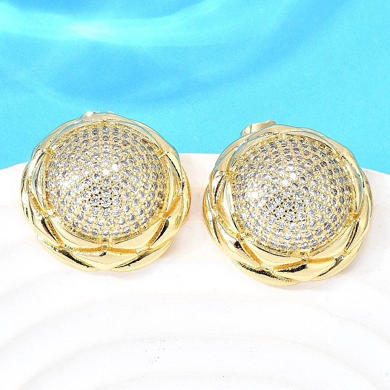 Латунные плоские круглые серьги-гвоздики с прозрачным кубическим цирконием, без кадмия и без свинца, стойки покрытие