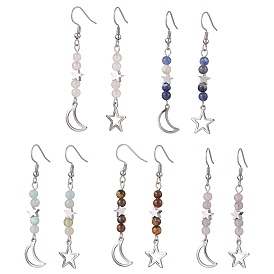 Natural Mixed Stone Dangle Earring, Moon & Star 304 Stainless Steel Earring for Women, Moon/Star, Mixed Color