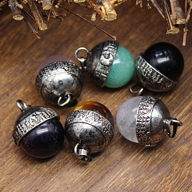 Natural Gemstone Pendants, Round Charms with Metal Findings, Antique Silver