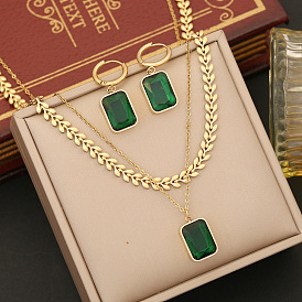 Green Square Pendant with Double Layer Chain - Fashionable Stainless Steel Jewelry Set
