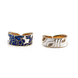 Adjustable Leaf Copper Ring with Unique Blue and White Porcelain Design for Women - Oil Dropper Style