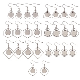 Hollow Stainless Steel Earring Hooks, with Flat Round Cabochon Settings