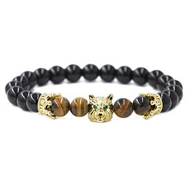 Tiger Eye Stone Crown Wolf Head Bracelet with Agate Gemstone Beads for Men