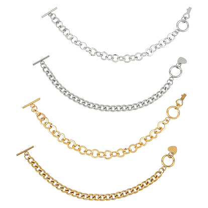PVD Vacuum Plating 304 Stainless Steel Cable Chain Bracelets & Curb Chain Bracelets, with Toggle Clasps, Key & Heart Shape Charm