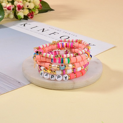 5Pcs 5 Style HAPPY Disc & Column Beads Stretch Bracelets Sets for Teen Girl Women, Handmade Polymer Clay & Brass & Acrylic Enamel Beads Bracelet