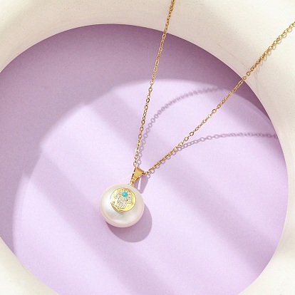 Natural Cultured Freshwater Pearl Coin with Hamsa Hand Pendant 304 Stainless Steel Cable Chain Necklaces for Women, White