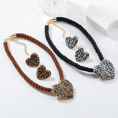 Комплект из ожерелья и серег-гвоздиков из сплава с леопардовым принтом в форме сердца для женщин, с хлопчатобумажным шнуром