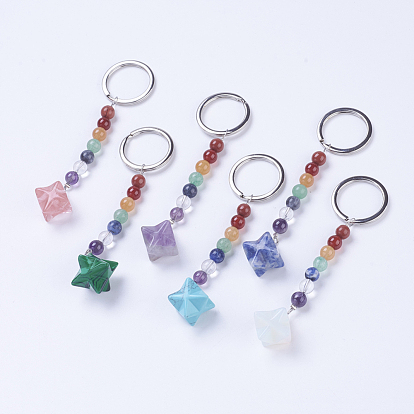 Natural/Synthetic Gemstone Chakra Keychain, with Mixed Stone and Platinum Plated Brass Key Findings, Bola