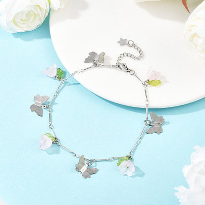 201 браслеты на ногу из латунной цепочки с подвесками в виде бабочек из нержавеющей стали и стеклянных цветов, окрашенных распылением, платины и нержавеющая сталь цвет