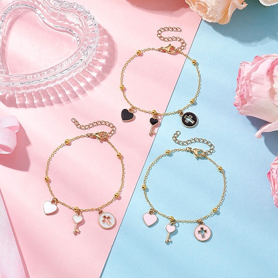 Латунные плоские овальные кабельные цепные браслеты, сплав эмали подвески браслеты с подвесками для женщин, сердце и ключ и плоский круг с крестом
