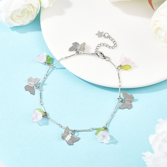 201 браслеты на ногу из латунной цепочки с подвесками в виде бабочек из нержавеющей стали и стеклянных цветов, окрашенных распылением, платины и нержавеющая сталь цвет