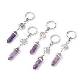 Natural Amethyst Keychain, with 304 Stainless Steel Jump Rings, Lobster Claw Clasps, Key Rings, Bullet
