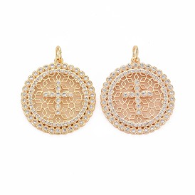 Brass Micro Pave Clear Cubic Zirconia Pendants, Nickel Free, Flat Round with Cross