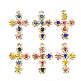 Alloy Pendants, with Rhinestone, Cadmium Free & Nickel Free & Lead Free, Cross Charms, Light Gold