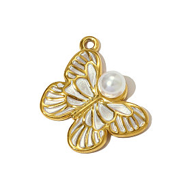 304 нержавеющей стальной эмали подвески, бабочки прелести, с блестящей пудрой и искусственным жемчугом, ионное покрытие (ip), реальный 18 k позолоченный