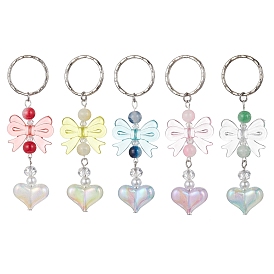 Acrylic Heart with Bowknot Keychains, with Glass Beads and Iron Keychain Clasp