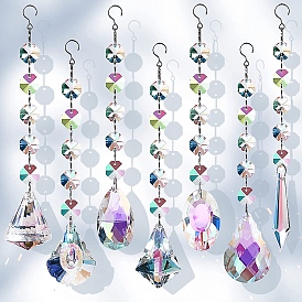 Glass Teardrop/Cone/Oval Pendant Decorations, Hanging Suncatchers, with Glass Octagon Link for Garden Decorations