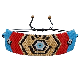 Friendship Evil Eye Loom Pattern Seed Beads Bracelets for Women, Adjustable Nylon Cord Braided Bead Bracelets