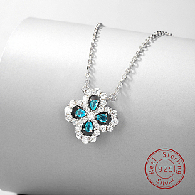 Rhodium Plated Sterling Silver Clover Pendant Necklaces, with Cubic Zirconia