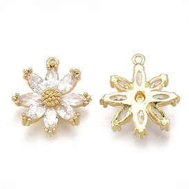 Brass Micro Pave Cubic Zirconia Pendants, Real 18K Gold Plated, Daisy, Clear