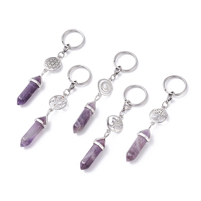 Natural Amethyst Keychain, with 304 Stainless Steel Jump Rings, Lobster Claw Clasps, Key Rings, Bullet