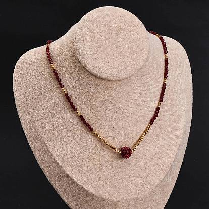 Круглые подвески из полимерной глины со стразами, 304 ожерелья из нержавеющей стали и стеклянных бусин, ионное покрытие (ip), темно-красный