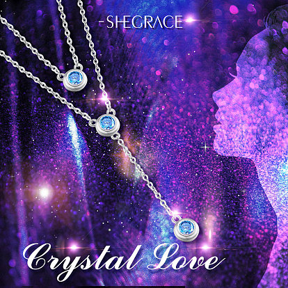 SHEGRACE 925 Sterling Silver Two-Tiered Necklaces, with Three Round Blue AAA Cubic Zirconia Pendant