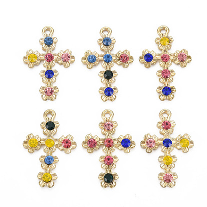 Alloy Pendants, with Rhinestone, Cadmium Free & Nickel Free & Lead Free, Cross Charms, Light Gold