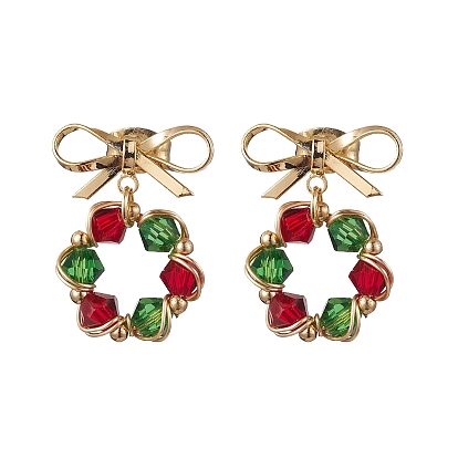 GLass Dangle Earrings, with Brass Stud Earring Findings, Bowknot with Wreath
