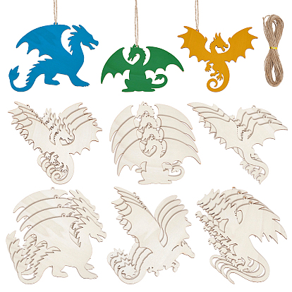 24 Stück 6 Stile unfertige, leere Drachenanhänger aus Holz, Set für Malkunst, Brandmalerei, Wohnkultur, mit Juteschnur