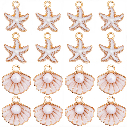 60 шт 2 стили подвески из сплава эмали, с абс пластмассовой имитационной жемчужиной, подвески в виде ракушек и морских звезд, золотой свет