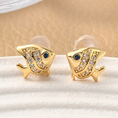 Серьги-гвоздики в форме рыбок с микропаве из кубических цирконий из латуни, без никеля 
