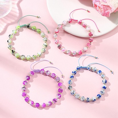 Регулируемая рамка для подтягивания и браслеты из круглых плетеных бусин из расписного стекла для женщин и мужчин., с плетеным нейлоновым канатом