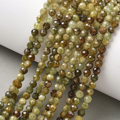 Natural Green Garnet Beads Strands, Round, Faceted