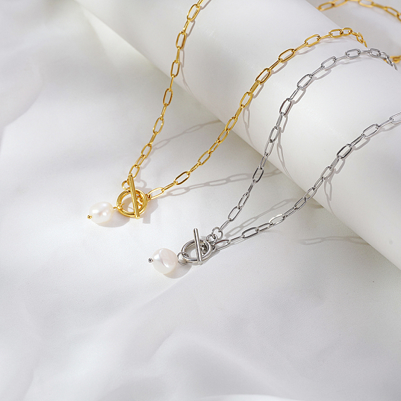 Минималистичные ожерелья из нержавеющей стали с подвеской в виде рисовой скрепки и имитацией жемчуга для повседневной женской одежды, белые