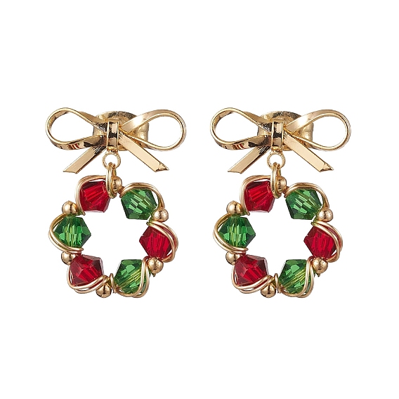 GLass Dangle Earrings, with Brass Stud Earring Findings, Bowknot with Wreath