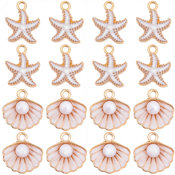 60 шт 2 стили подвески из сплава эмали, с абс пластмассовой имитационной жемчужиной, подвески в виде ракушек и морских звезд, золотой свет