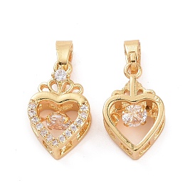 Brass Micro Pave Clear Cubic Zirconia Pendants, Heart with Crown Charms