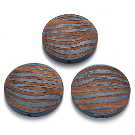 Painted Natural Wood Beads, Laser Engraved Pattern, Flat Round with Zebra-Stripe