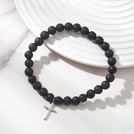 Натуральные бусины из вулканического камня стрейч браслеты, браслеты с подвесками из нержавеющей стали в виде креста для женщин