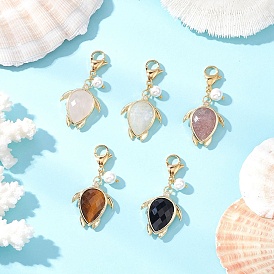 Подвеска в виде черепахи из натурального кварцевого кристалла, розового кварца, клубничного кварца, тигрового глаза и черного обсидиана, с бусиной из ракушечного жемчуга и застежками-клешнями лобстера