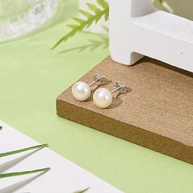 Pearl Ball Stud Earrings, with Sterling Silver Pin, with 925 Stamp