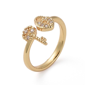 Adjustable Brass Finger Rings, Cuff Rings, Open Rings, with Micro Pave Clear Cubic Zirconia, Long-Lasting Plated, Key & Lock