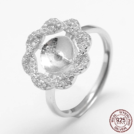 Adjustable 925 Sterling Silver Design Ring Mounts Fittings with Pearl Seat, For Half Drilled Beads, with Micro Pave Cubic Zirconia, Flower
