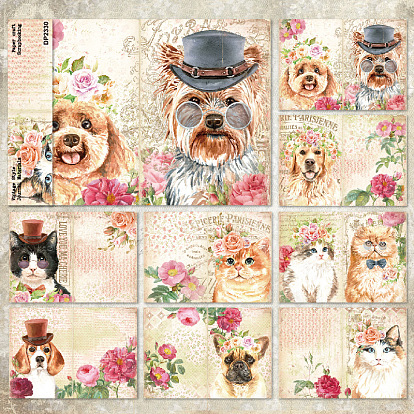 8 Sheets 8 Styles Cat/Dog Pattern Scrapbook Paper Pad, for DIY Album Scrapbook, Greeting Card, Background Paper, Diary Decorative, Rectangle