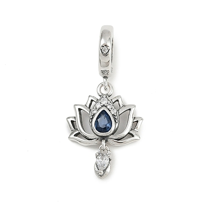 925 европейские подвески-шармы из стерлингового серебра с синими кубическими цирконами в форме цветка лотоса, Подвески с большими отверстиями, родий