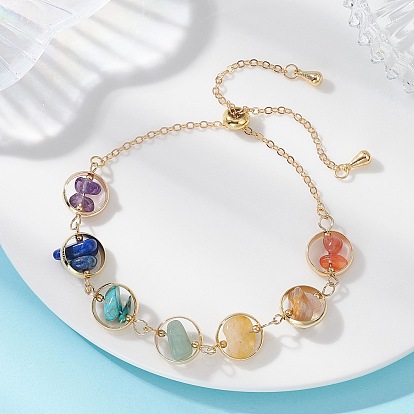 Браслеты из латунных колец с чакрами и бусин из смеси натуральных и синтетических драгоценных камней., Браслеты-цепочки из латуни с застежкой-слайдером для женщин