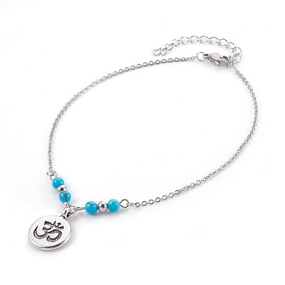 Synthetic Turquoise Charms Anklets, with Tibetan Style Alloy Pendants, 304 Stainless Steel Findings and Iron Eye Pin, Flat Round with Ohm