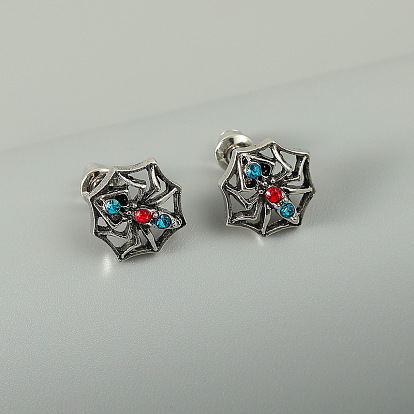 Halloween Spider Earrings with Colorful Rhinestones - Vintage Spider Ear Studs, Christmas Jewelry.