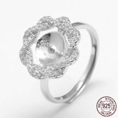 Adjustable 925 Sterling Silver Design Ring Mounts Fittings with Pearl Seat, For Half Drilled Beads, with Micro Pave Cubic Zirconia, Flower